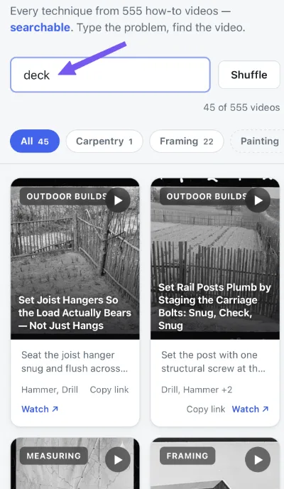 Typing “deck” in the search box instantly narrows the archive to 45 matching videos
