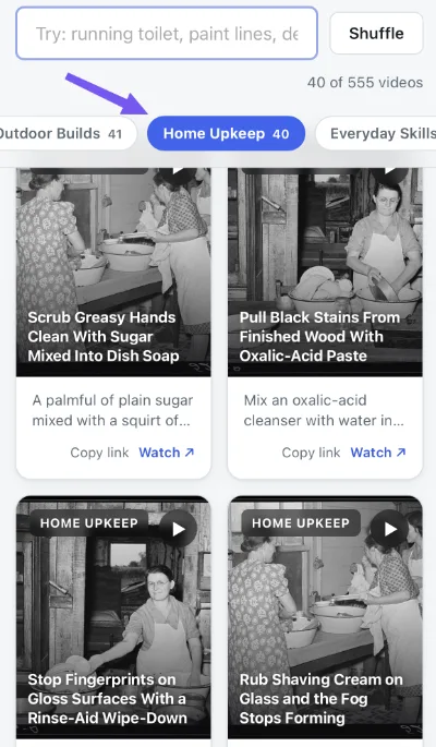 The Home Upkeep filter button selected, showing that topic’s 40 videos