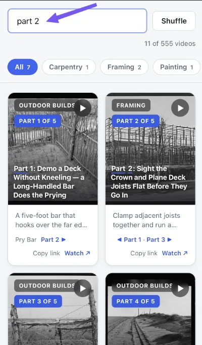 Searching “part 2” brings up whole series: Part 1 of 5 through Part 4 of 5, each card linking to the other parts